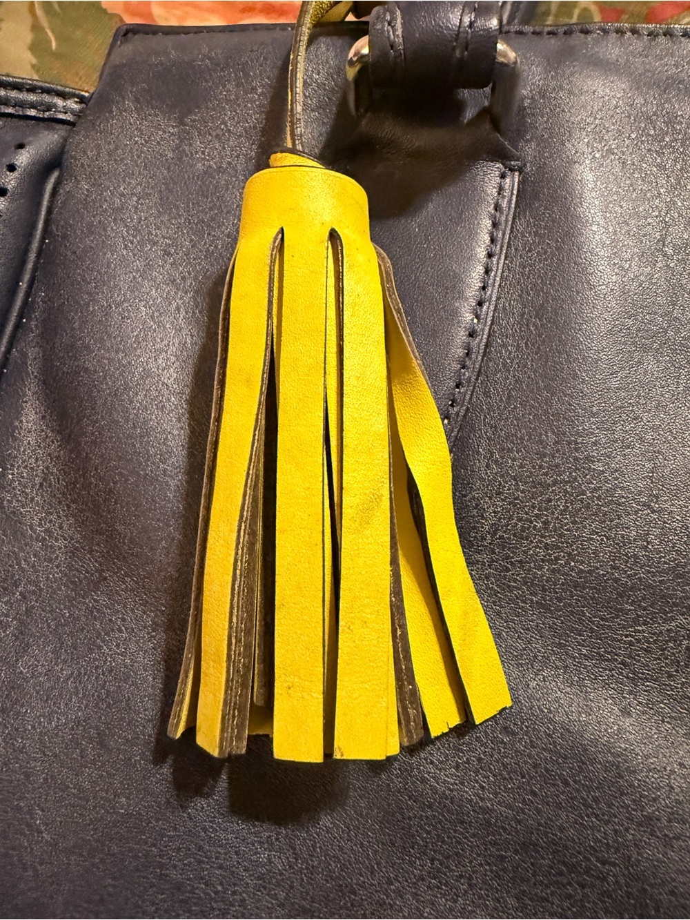 PROJECT BAG! COACH Navy Leather Perforated Tote with Yellow Tassel Charm - Picture 12 of 14